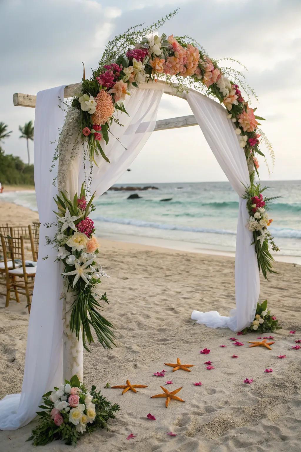 An elegant arch featuring starfish and tropical accents.