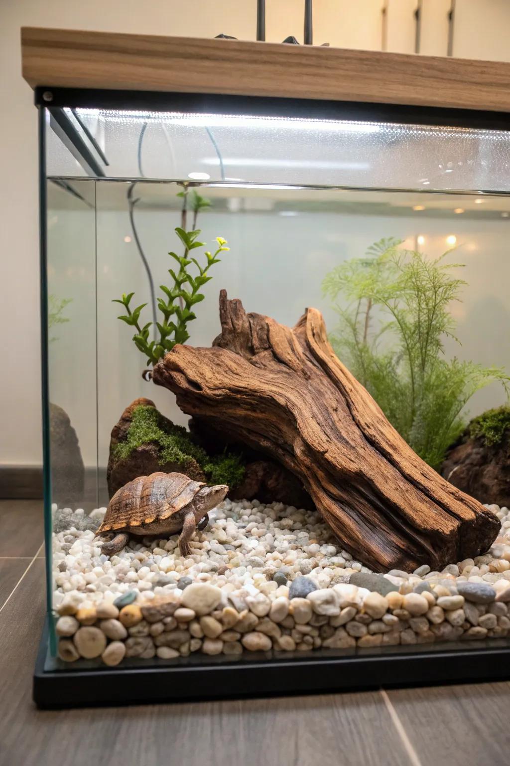 Transform your turtle's home into a serene woodland escape with the rustic charm of Mopani wood.