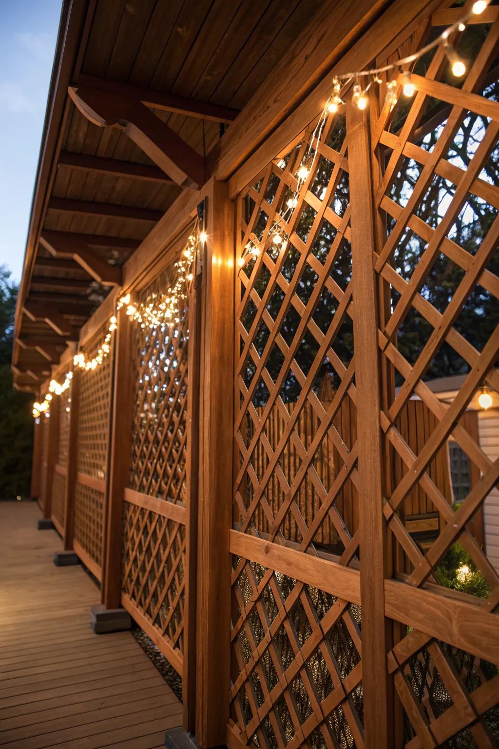 Elevate your deck with enchanting under-deck lattice lighting for a captivating nighttime retreat.