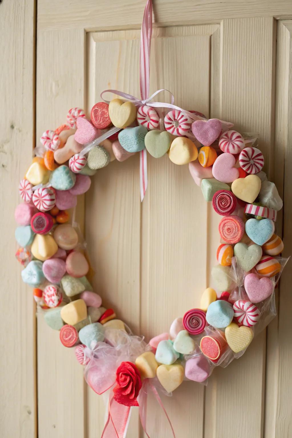 Indulge in sweetness and style with this charming candy wreath—an irresistible delight for your Valentine's decor.