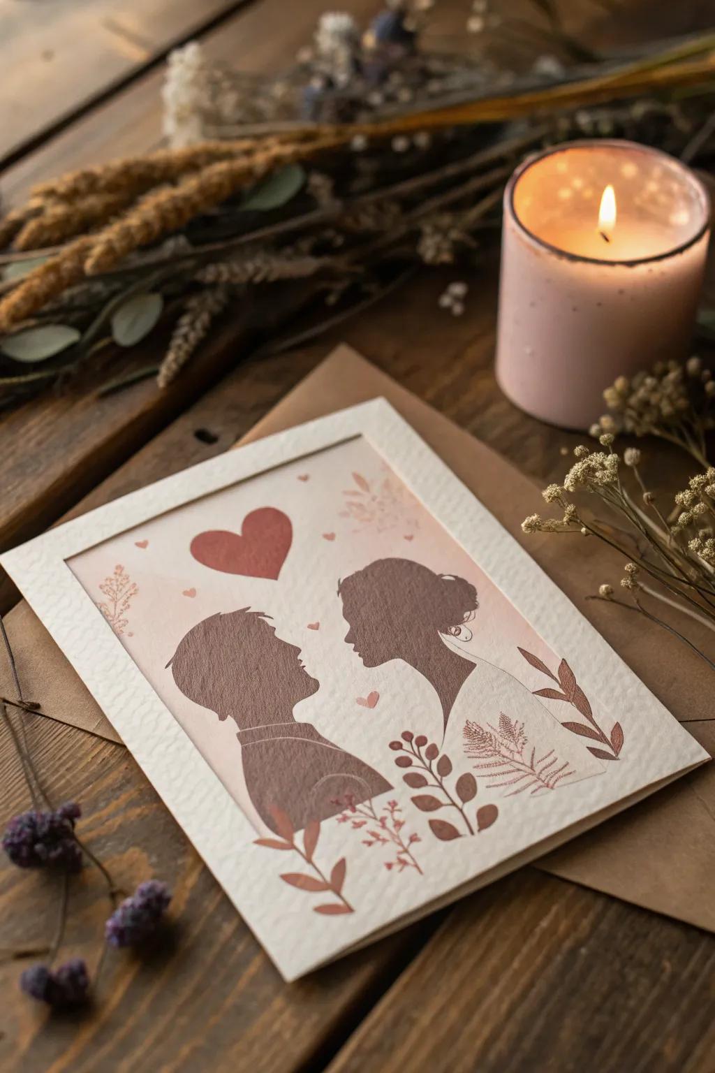 Celebrate your love with a timeless silhouette card, capturing the essence of your partnership.