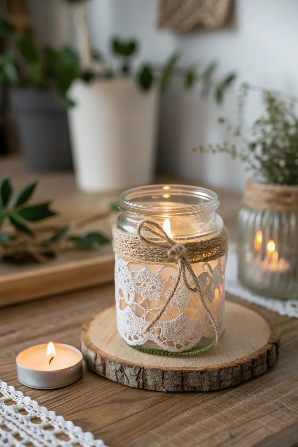 Illuminate your space with the simplicity and elegance of a handcrafted jar candle holder. Perfect for a cozy Valentine's ambiance.