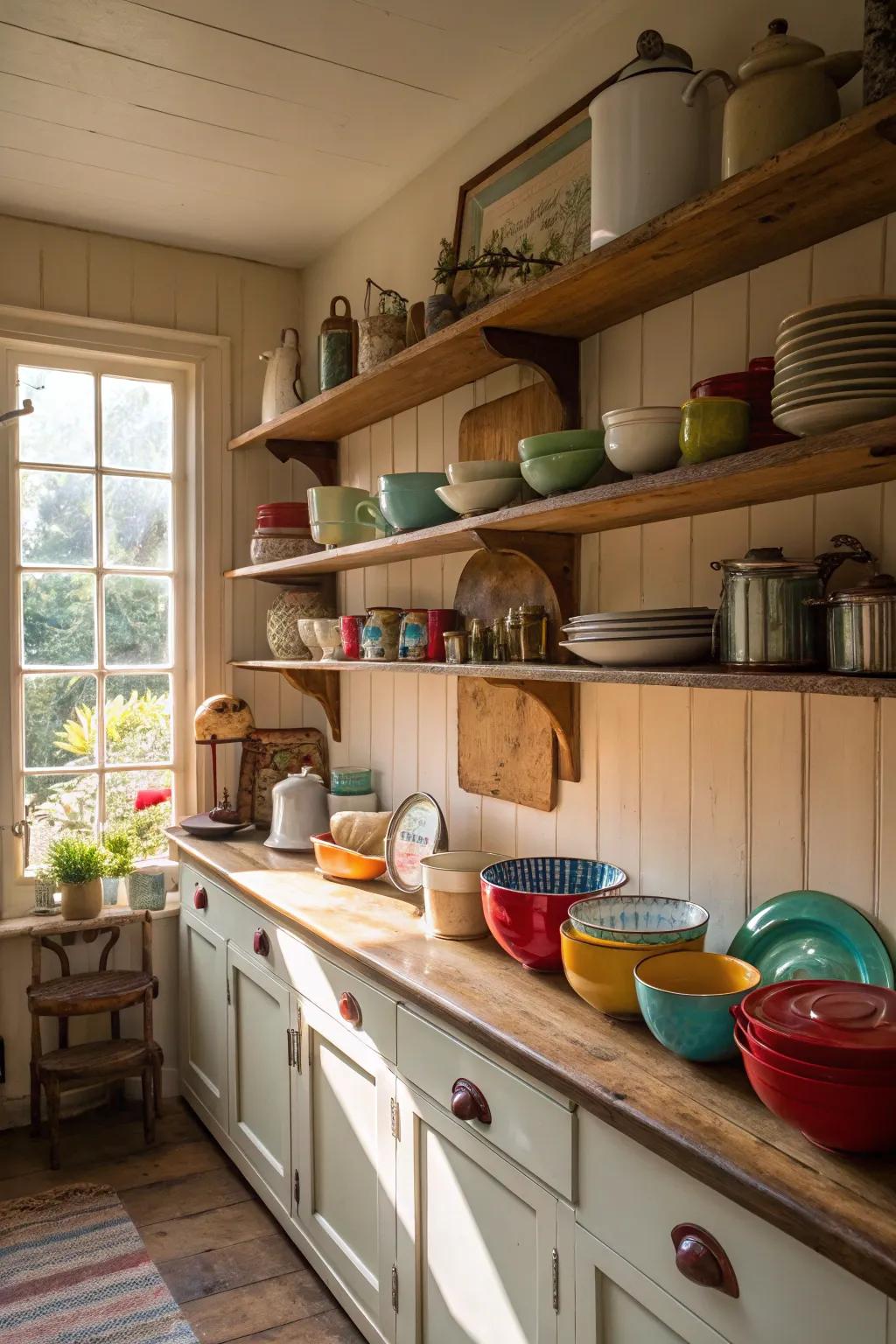 Vintage kitchenware adds nostalgic charm.