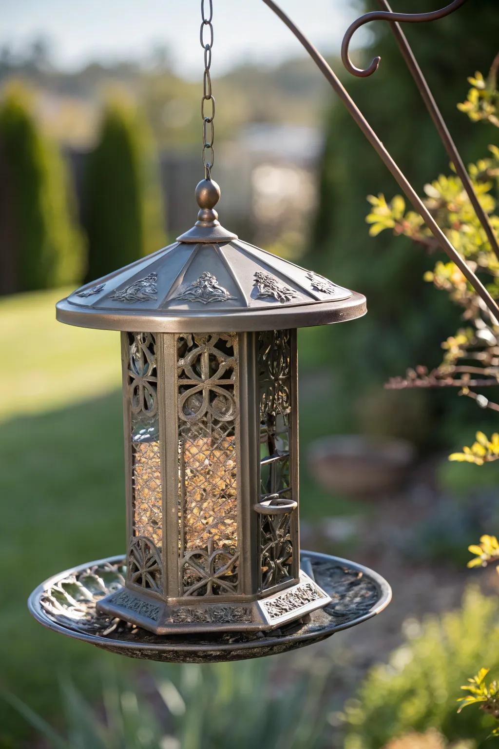 Elegance in Craft: A Metal Bird Feeder That Captivates Both Birds and Onlookers.