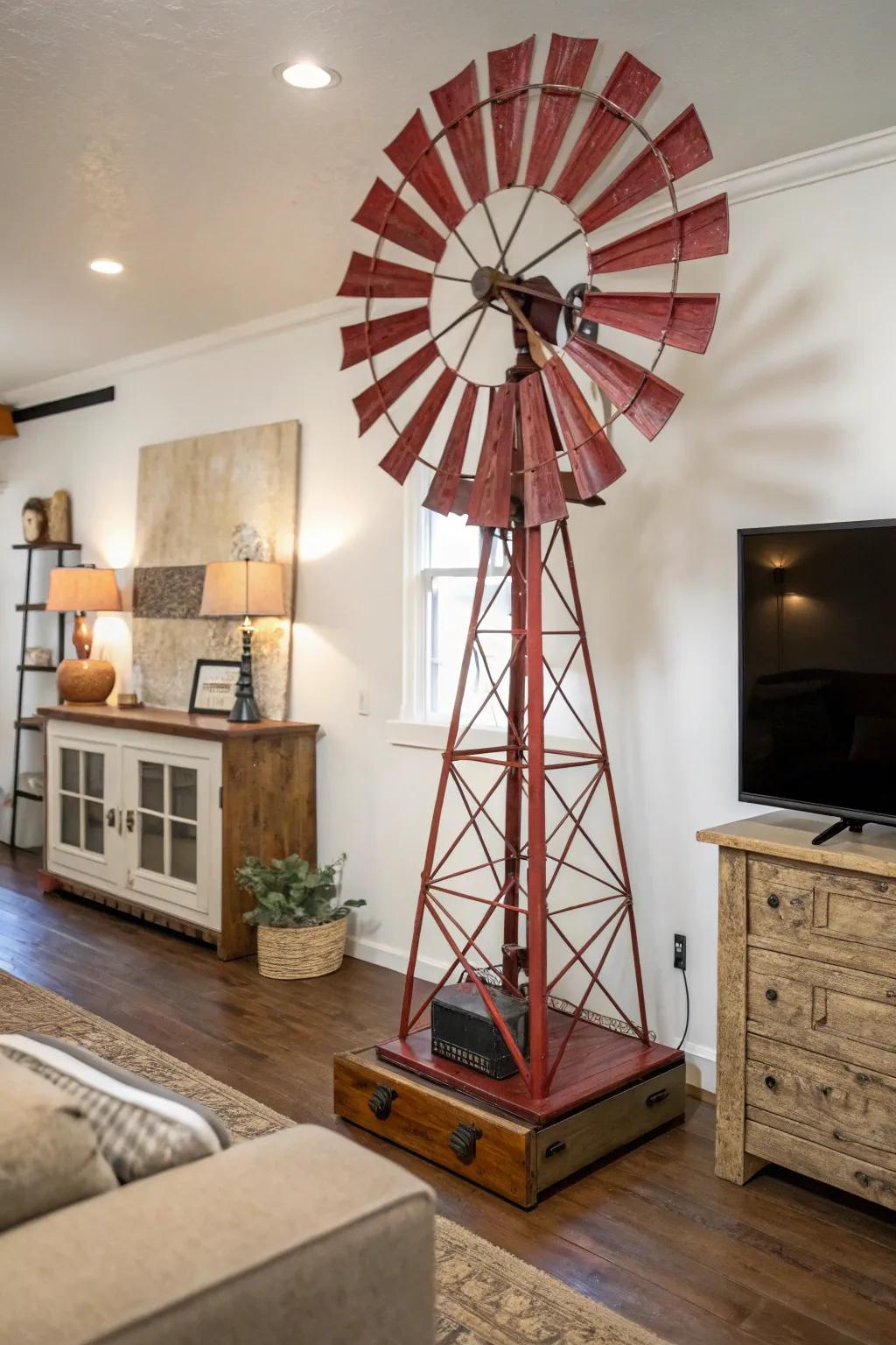Blend vintage windmill parts with modern pieces for a unique style.