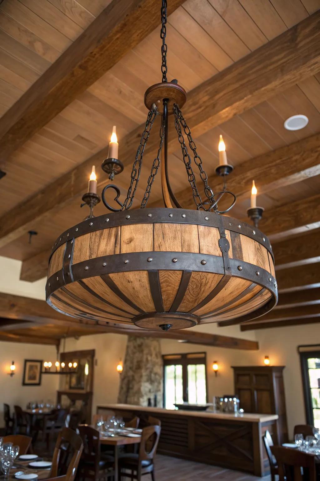 Illuminate your space with rustic elegance: A wine barrel chandelier masterpiece.