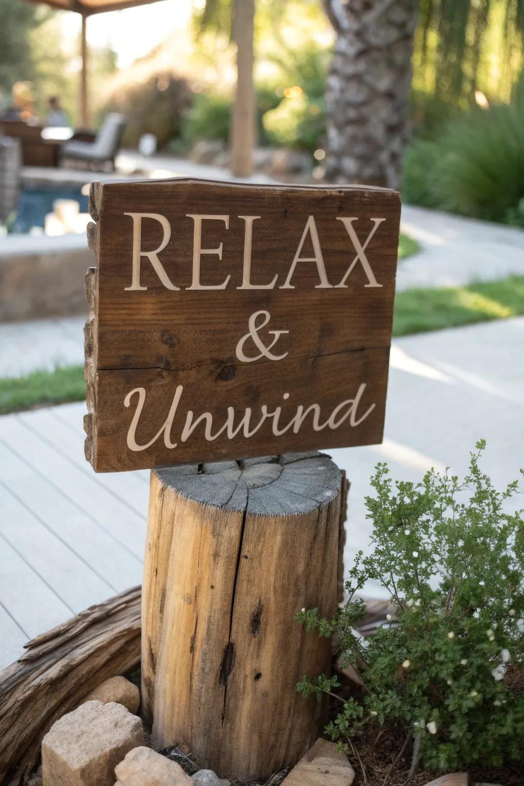 Unwind in style with this handcrafted driftwood sign, perfect for your outdoor retreat.