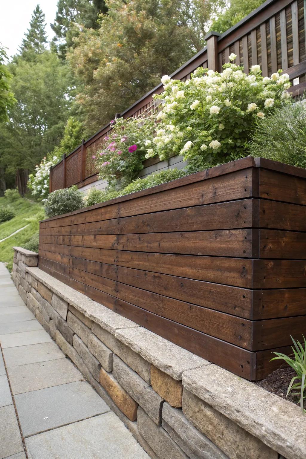 Elevate your backyard with striking contrasts—dark wood and vibrant greenery create a masterpiece.