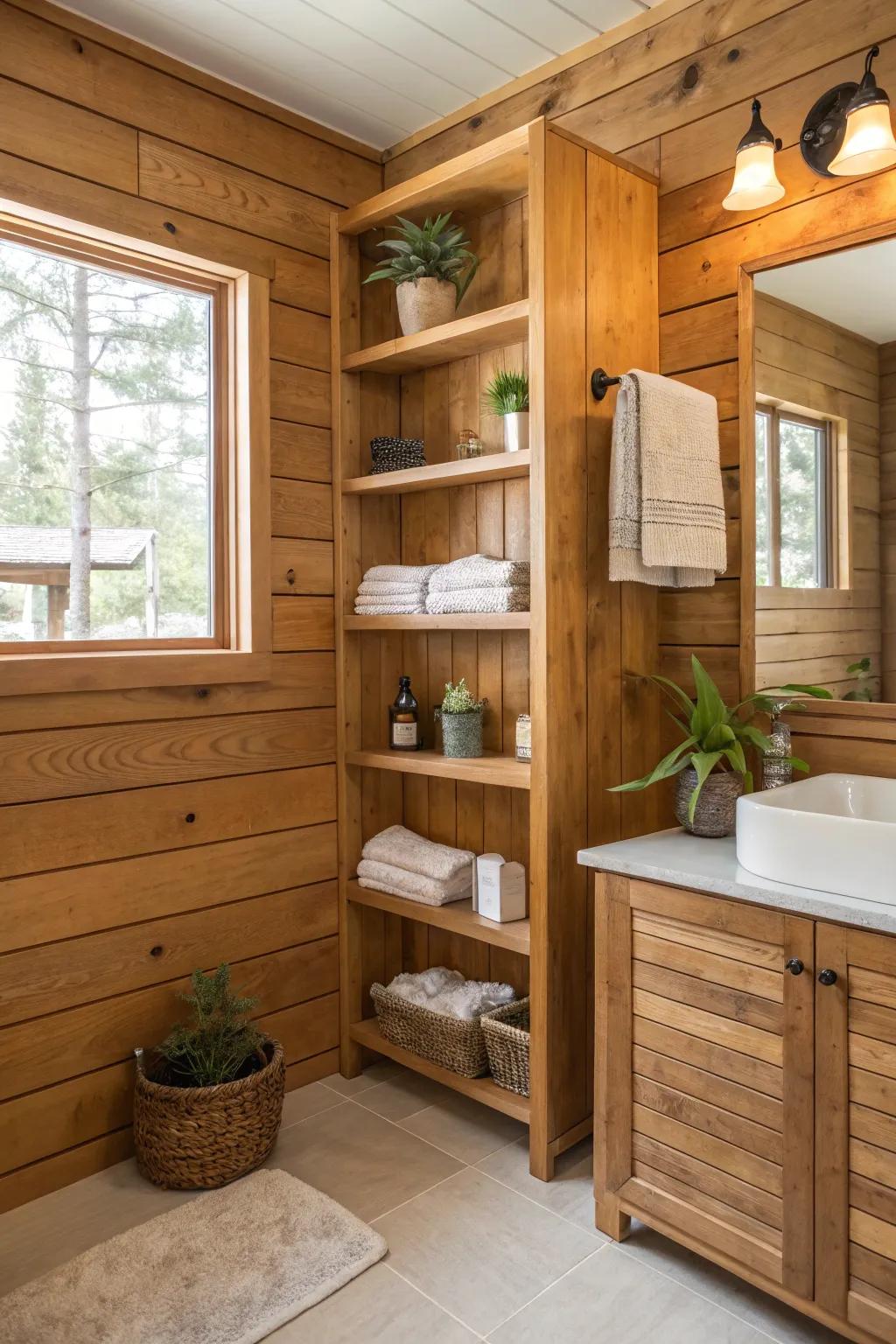 Functional design with built-in shelves in wood walls.