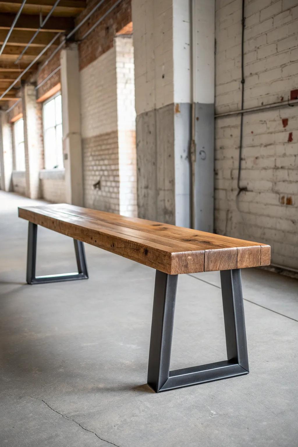Elevate your space with an Industrial Chic bench: where reclaimed wood meets modern metal.