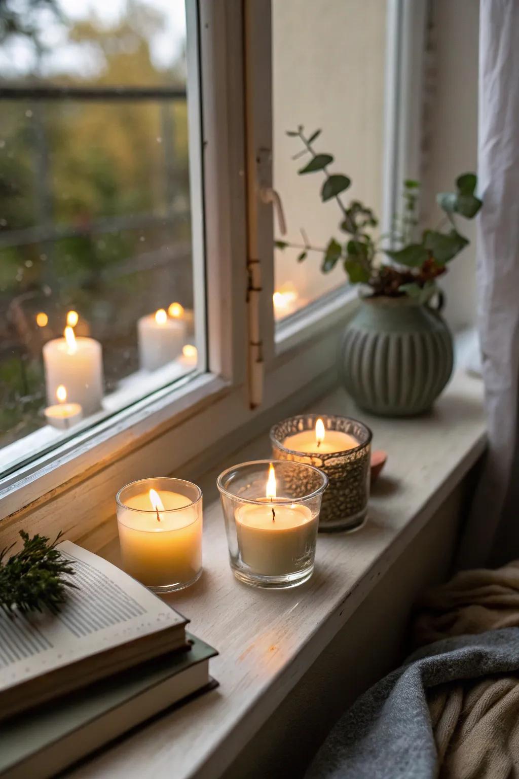 Candlelit windowsills creating a cozy and inviting atmosphere.