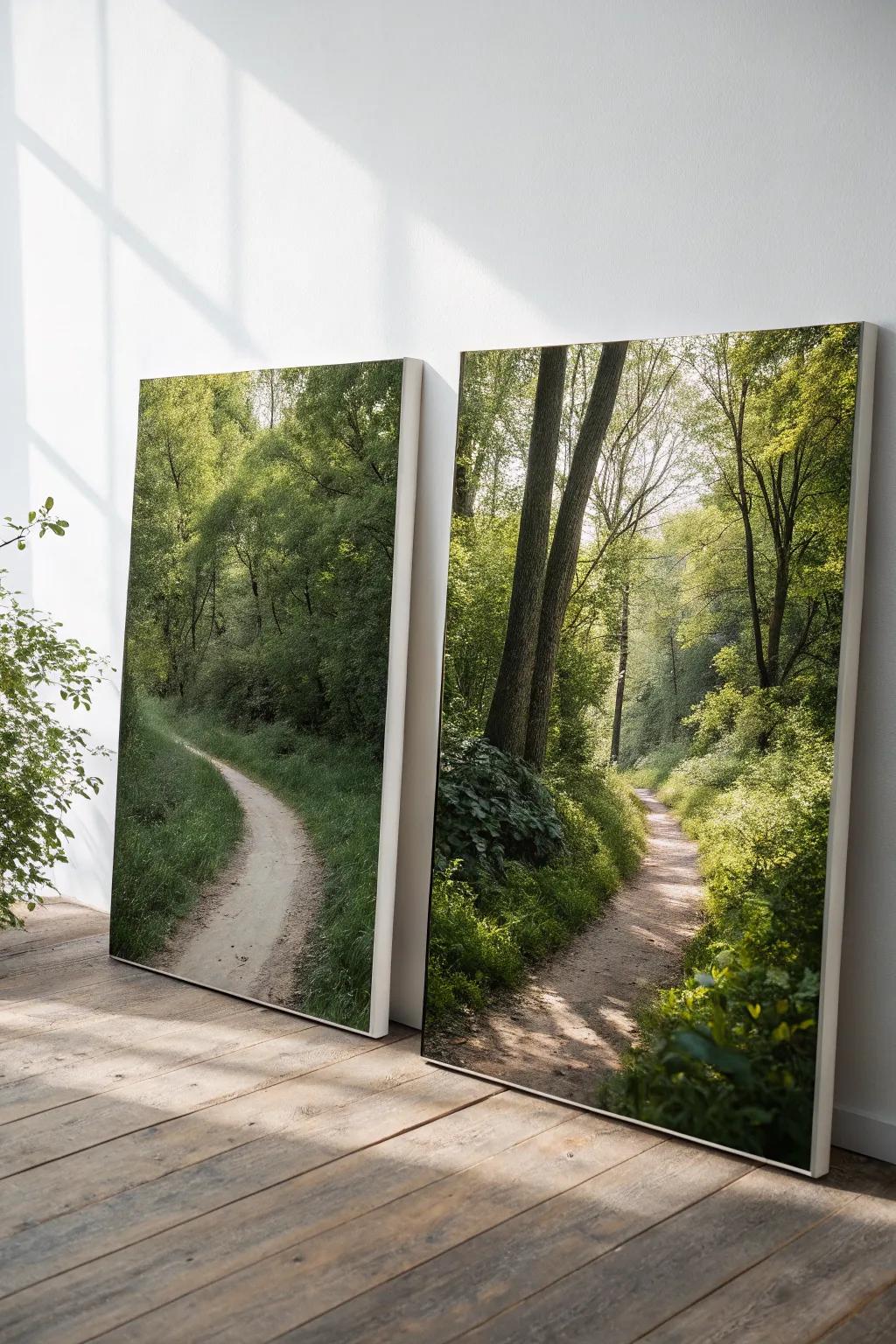 Step into serenity with this enchanting forest path diptych, where minimalism meets nature's beauty.