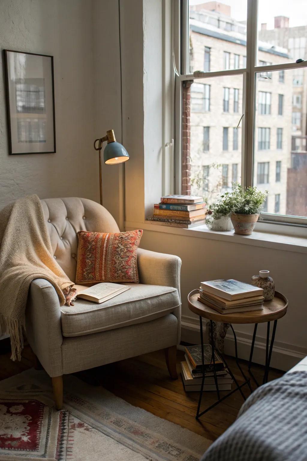 A reading nook provides a quiet retreat in your bustling studio apartment.