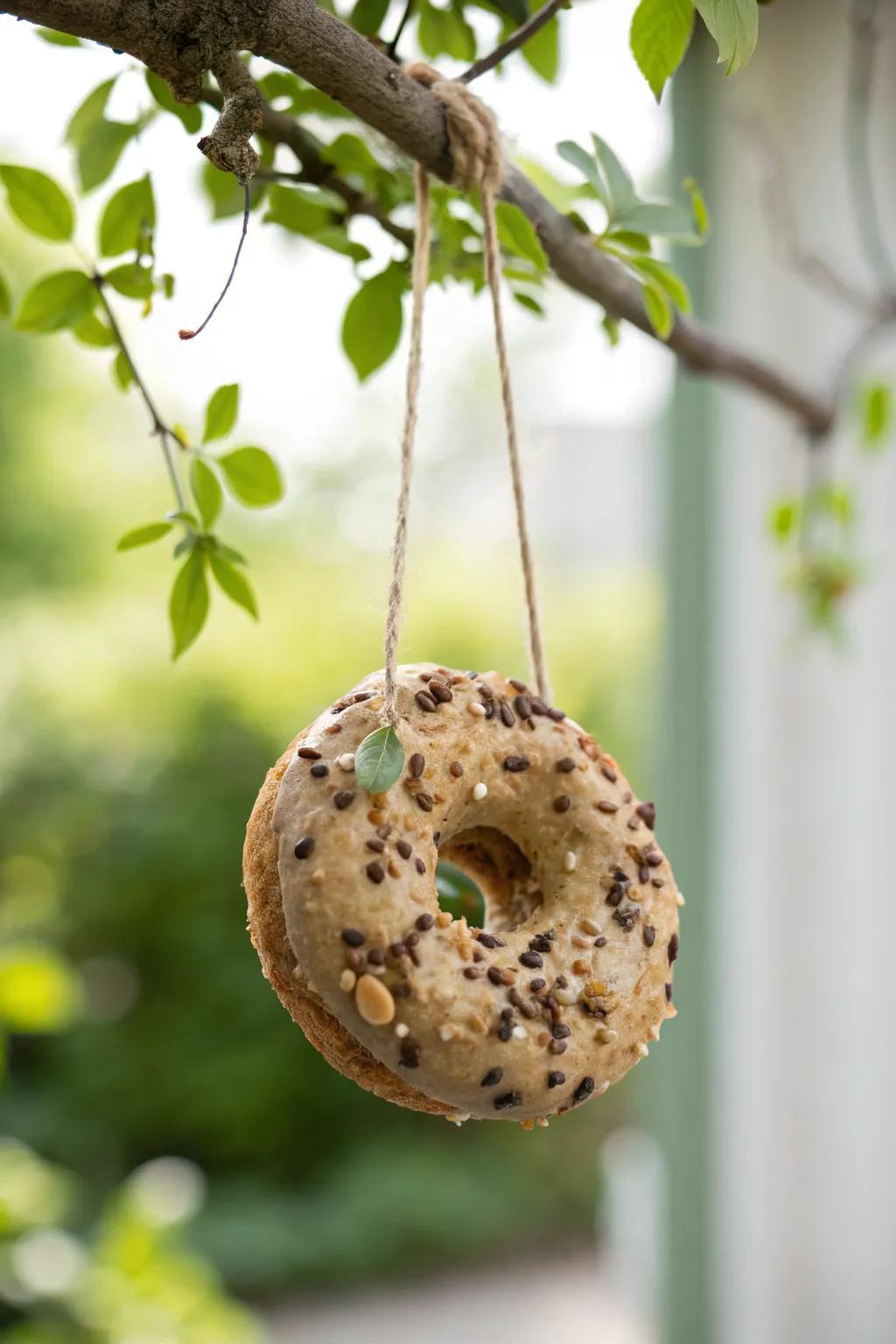 Transform leftover bagels into charming bird feeders with a touch of boho elegance.