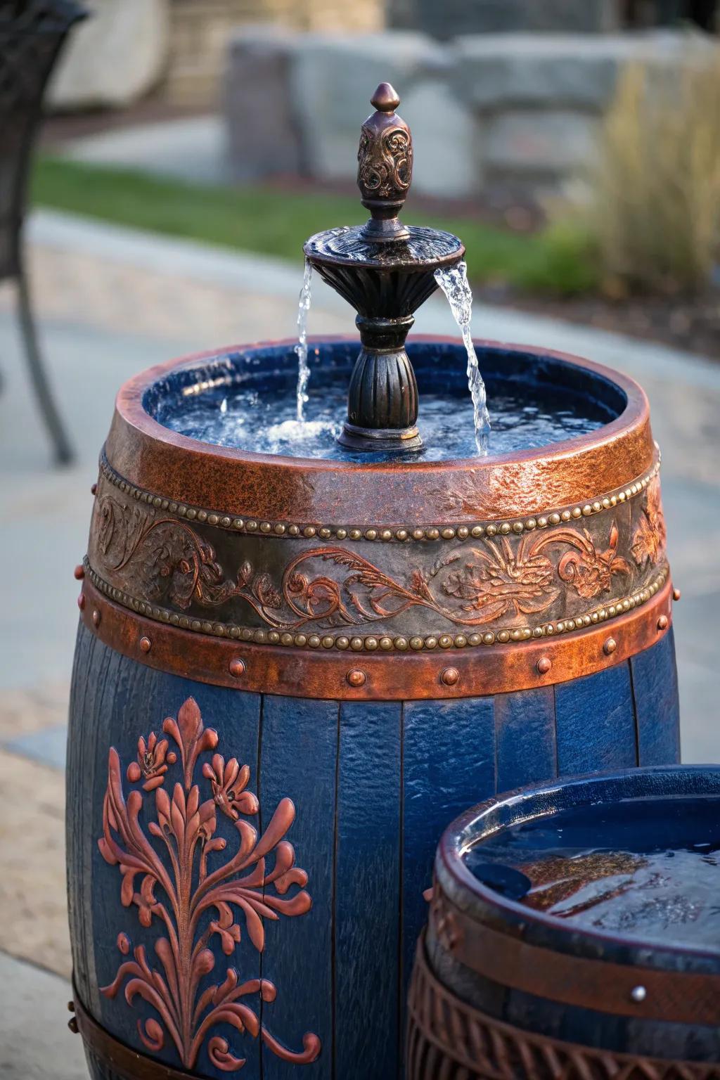 Turn functionality into artistry with a handcrafted water feature barrel.