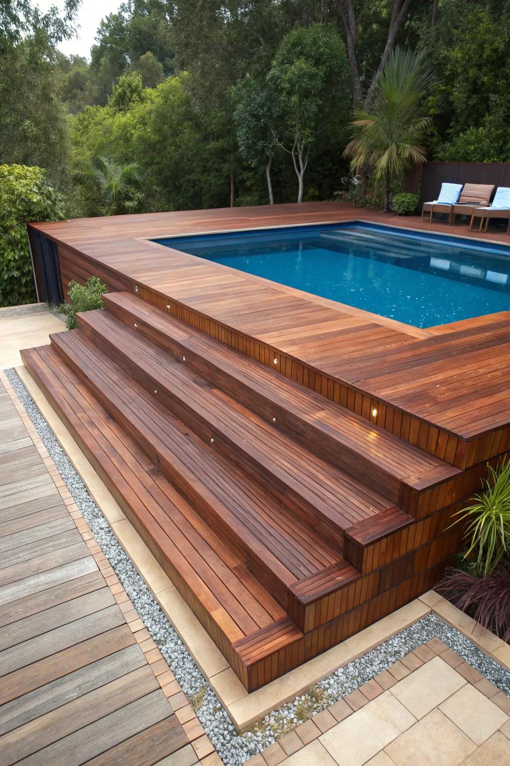 Elevate your poolside experience with budget-friendly multi-level decking that exudes craftsmanship and style.