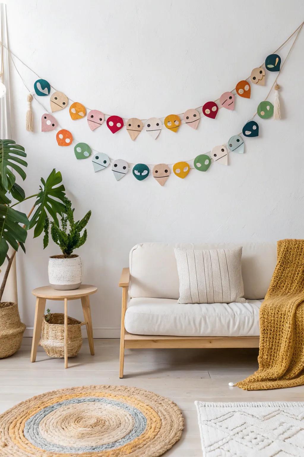Add a playful pop of color with a handcrafted alien banner—perfect for a touch of festive fun in your minimalist space.