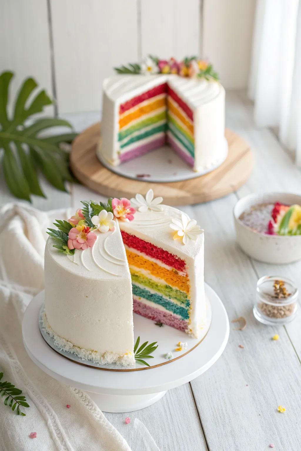 Unveil the vibrant surprise of rainbow layers, capturing the essence of island spirit with minimalist elegance.