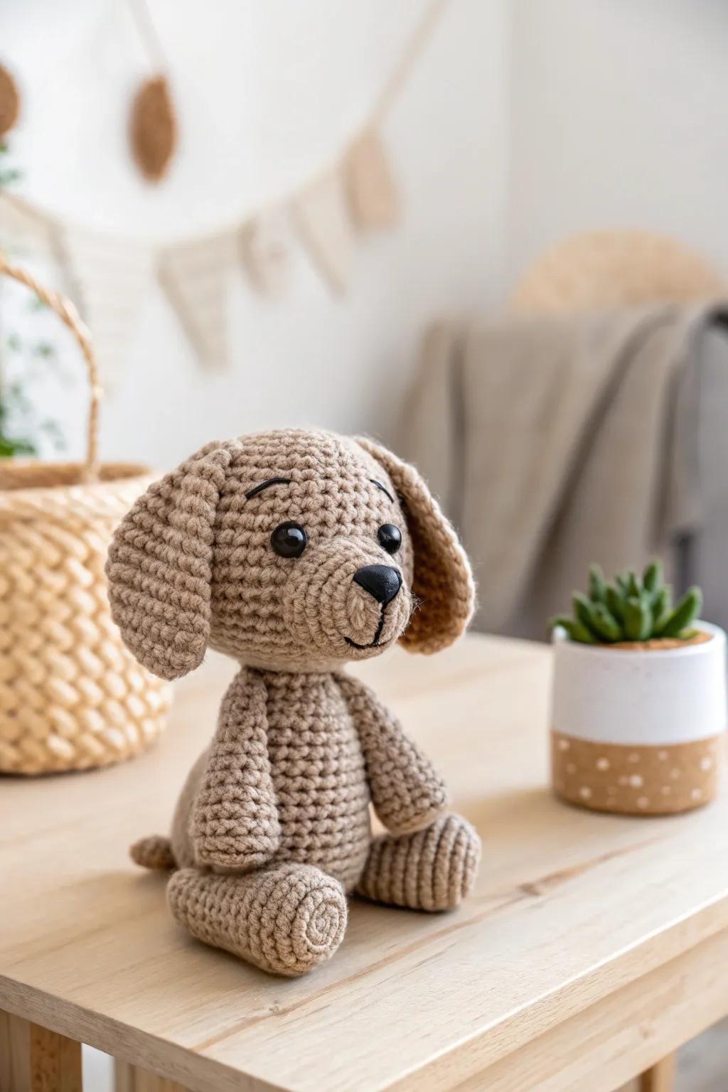 Crafted with love: a charming amigurumi dog that captures the spirit of Scandinavian minimalism and boho warmth.