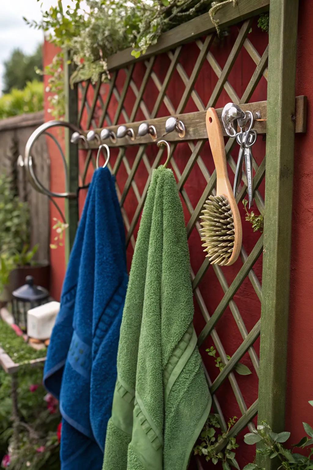 Elevate your outdoor dog washing station with a handcrafted trellis towel rack—where style meets functionality!