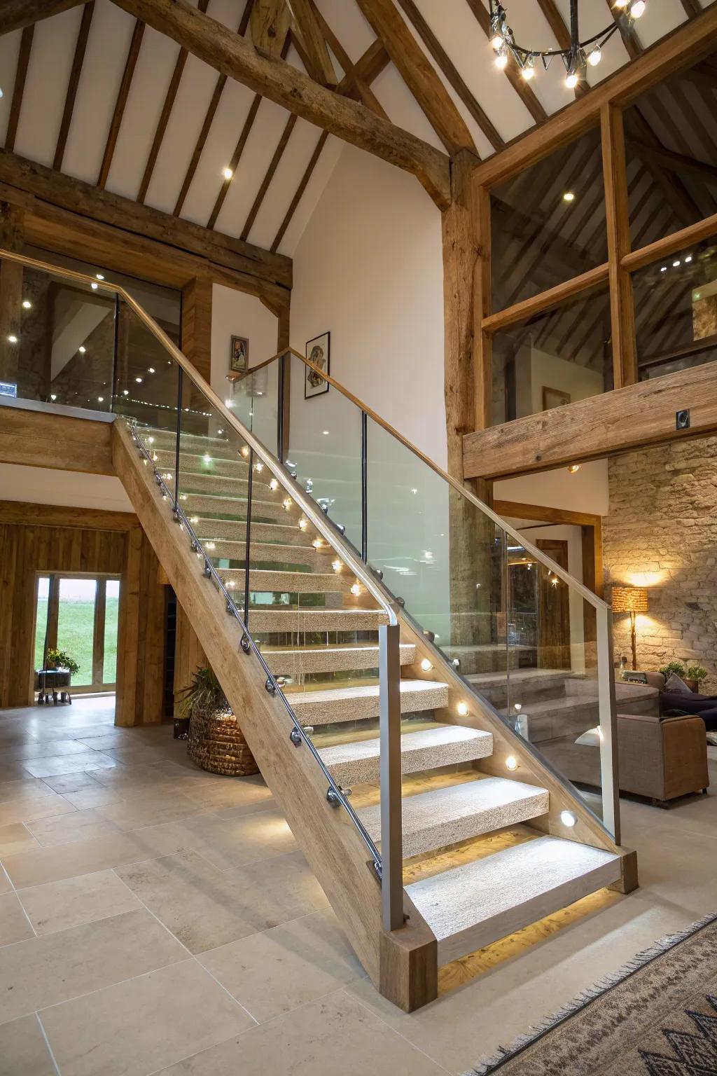 Glass balustrades add lightness and modernity to barn stairs.