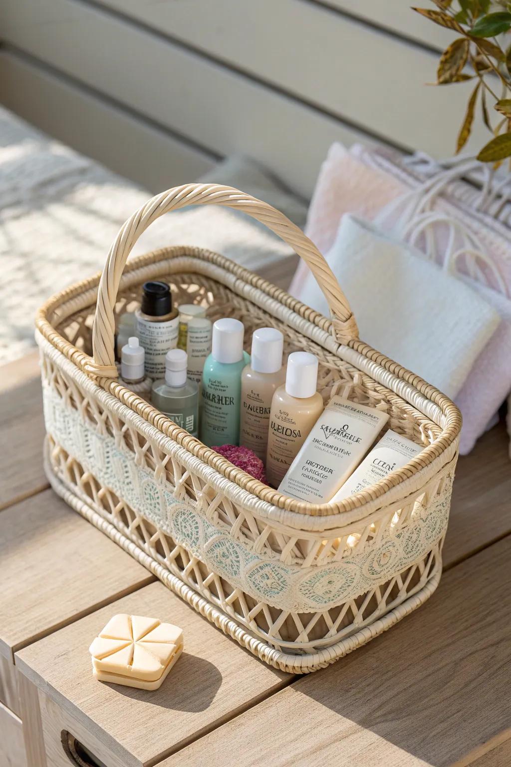 Effortless elegance for every journey—discover the charm of travel-sized essentials in a beautifully crafted basket.