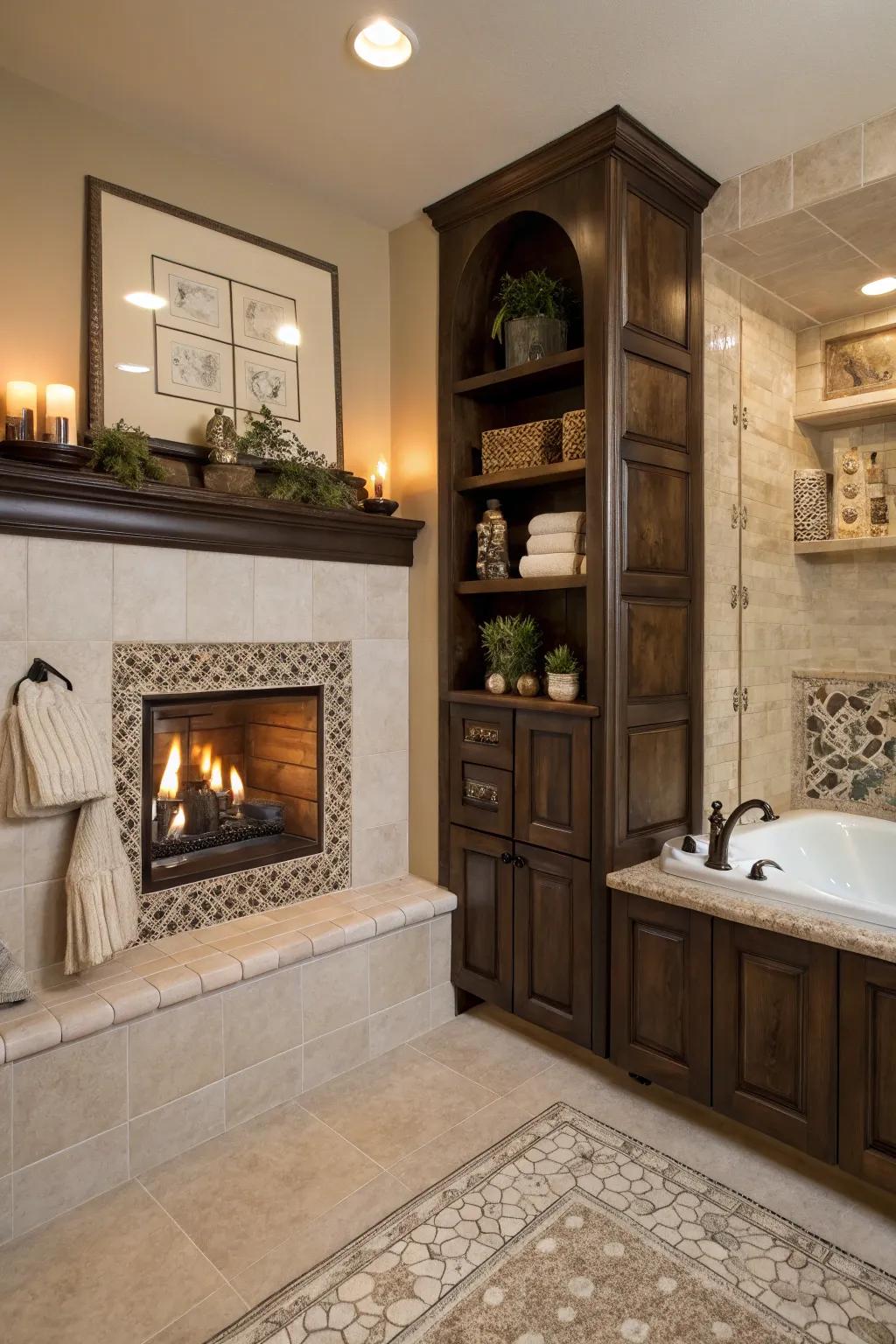 Built-in shelving around the fireplace for added functionality.