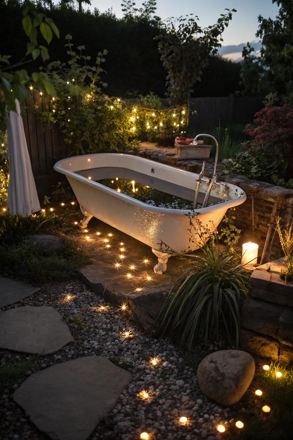 Transform your garden into a nighttime oasis with enchanting solar-lit bathtub ponds.