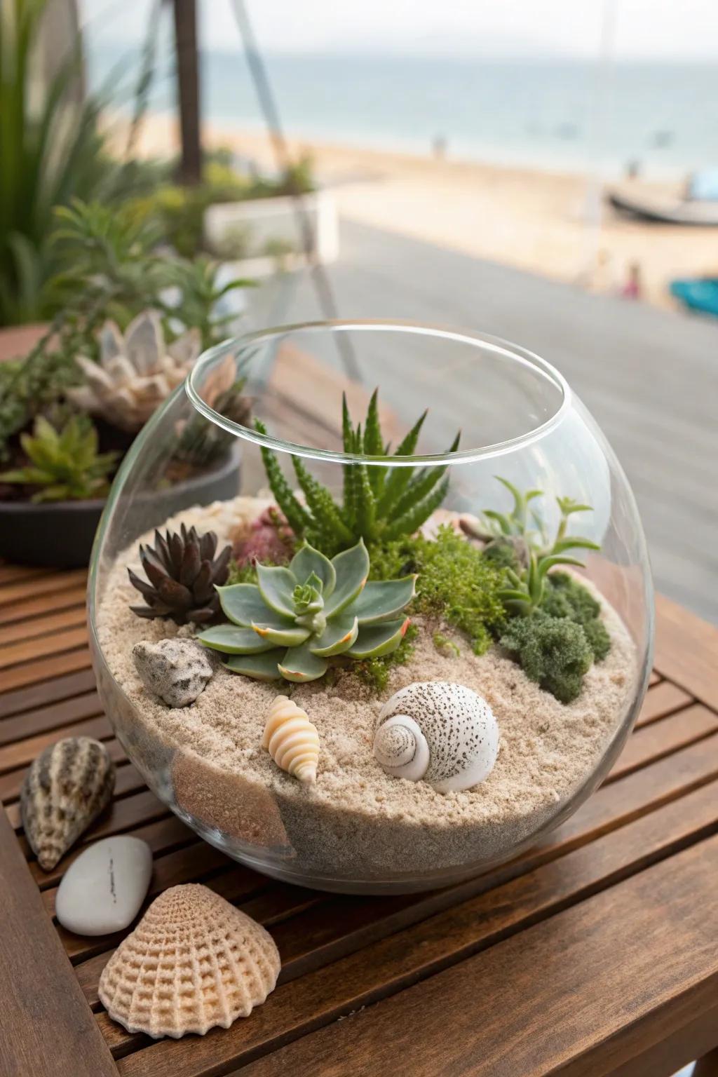 Blend greenery with beach elements in a sandy terrarium.