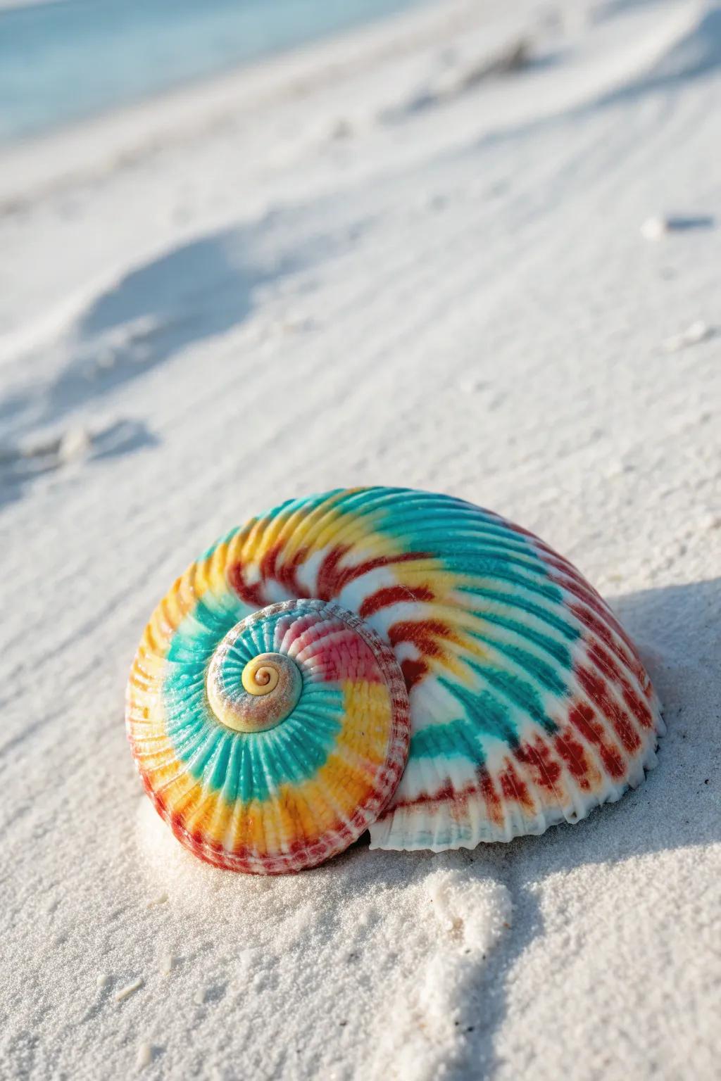 Discover the art of tie-dye seashell painting, where simplicity meets vibrant creativity on the serene canvas of nature.