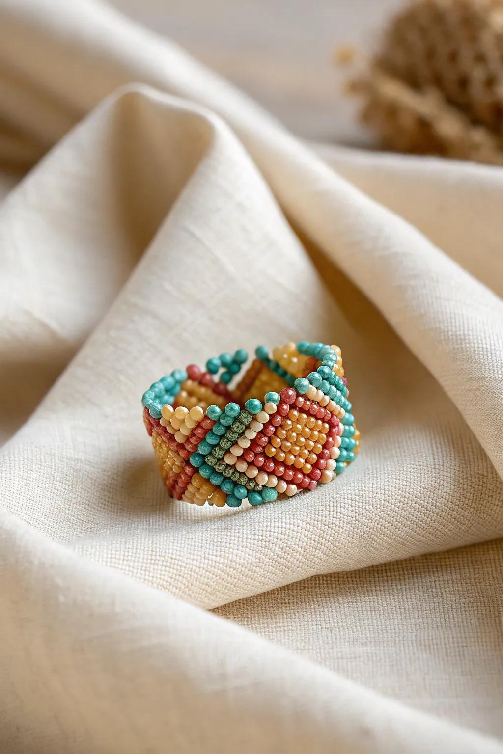 Embrace the elegance of geometry with a vibrant beaded ring, where modern design meets timeless style.