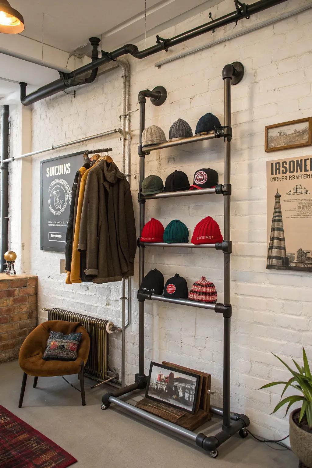 Industrial pipe racks lend an urban edge to your beanie display.