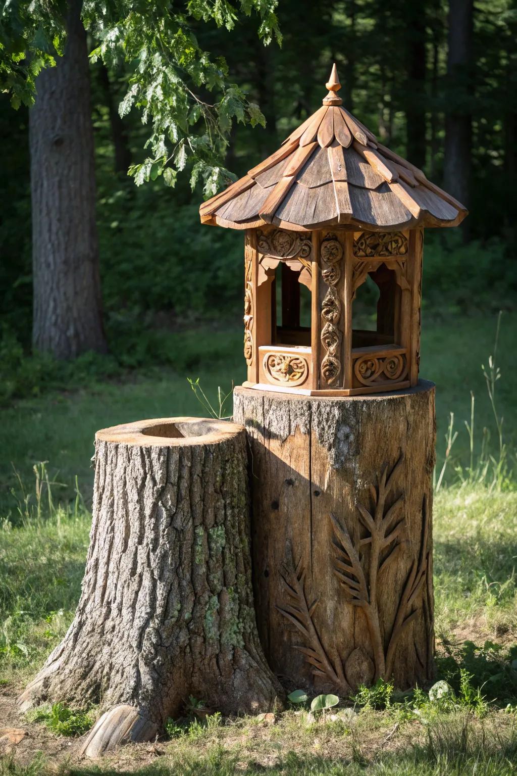 Master the art of disguise: A deer feeder hidden within a stunningly crafted tree stump.