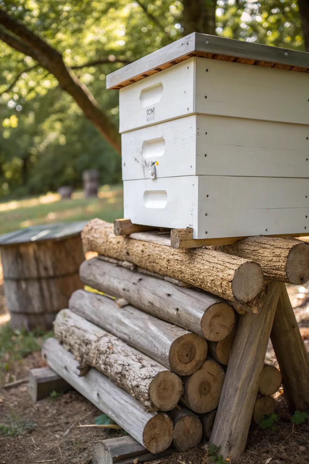 Transform fallen trees into a rustic masterpiece with natural log bee hive stands.