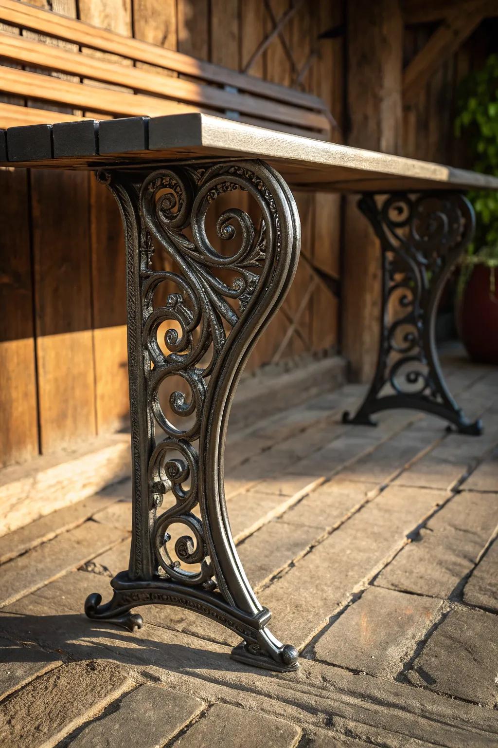 Unleash timeless elegance with meticulously crafted wrought iron bench legs.