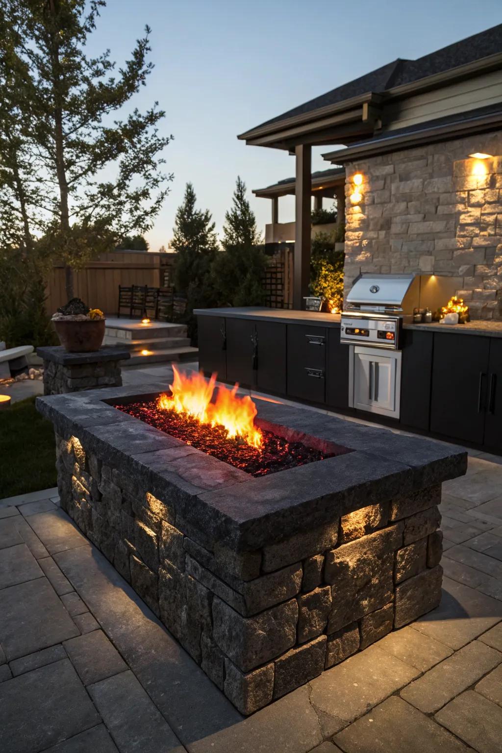 Gather around the perfect blend of warmth and craftsmanship with this striking black stone fire pit.