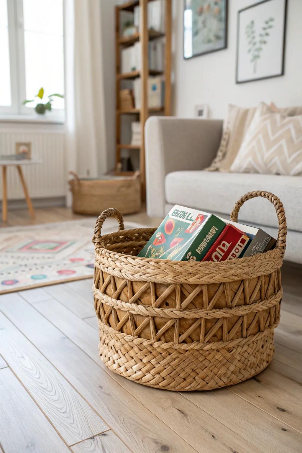 Organize your games with style using decorative baskets that blend Scandinavian simplicity with Boho charm.