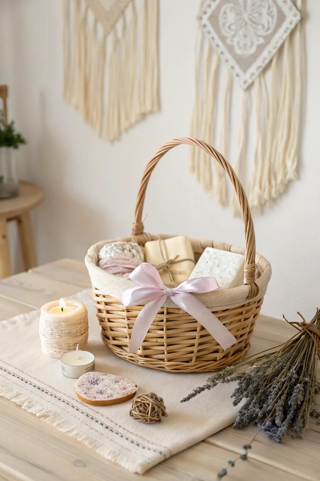 A touch of elegance with a boho twist: perfecting the art of gifting with a beautifully adorned basket.