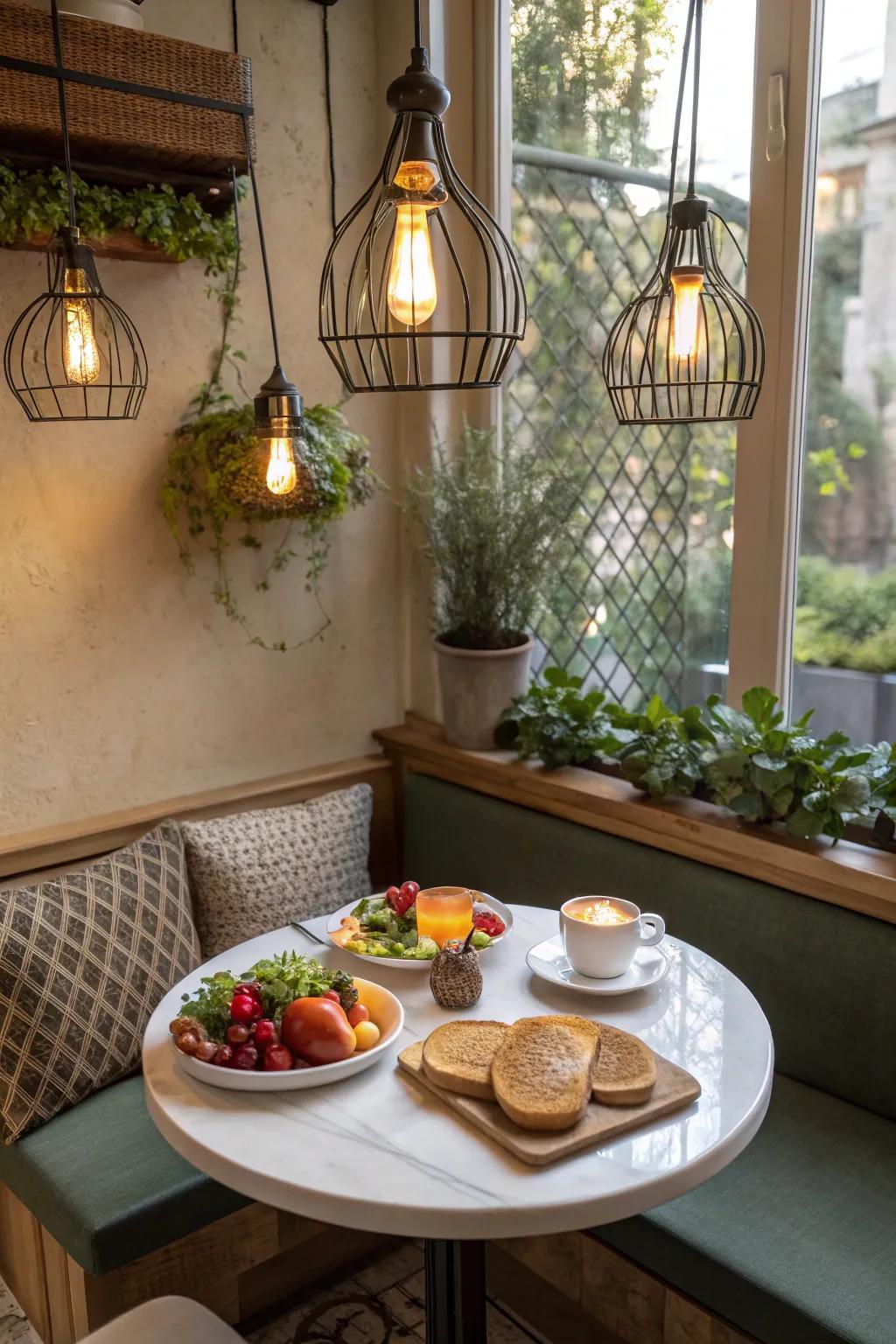 Eco-friendly lighting options for a breakfast nook.