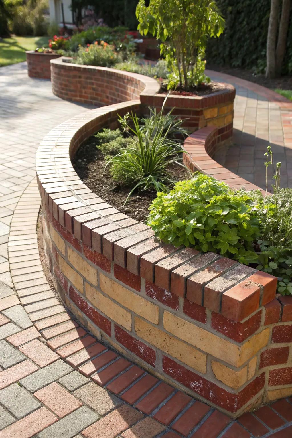 Elevate your garden's edge with the timeless elegance of curved brick planters.