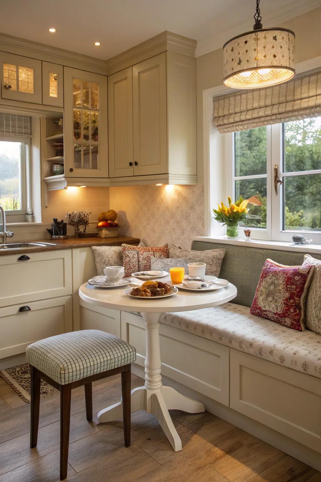 A breakfast nook creates a cozy spot for meals.