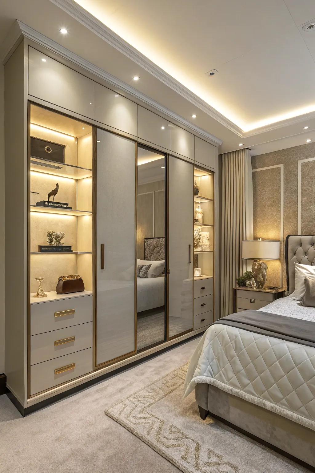 LED lighting adds a luxurious glow to this wardrobe's shelves.