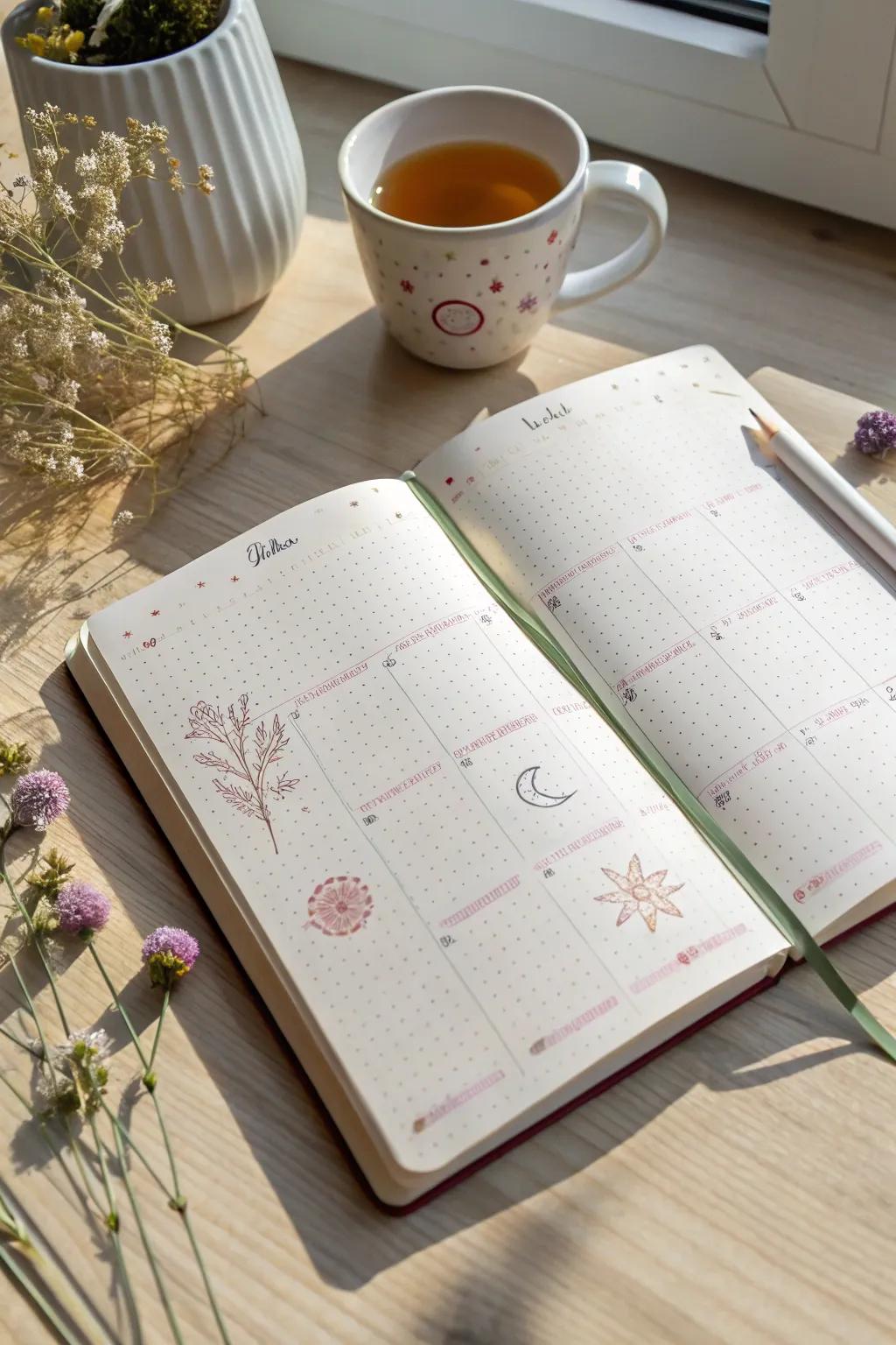 Embrace flexibility in your bullet journal with a layout that adapts to your week. 🌿✨
