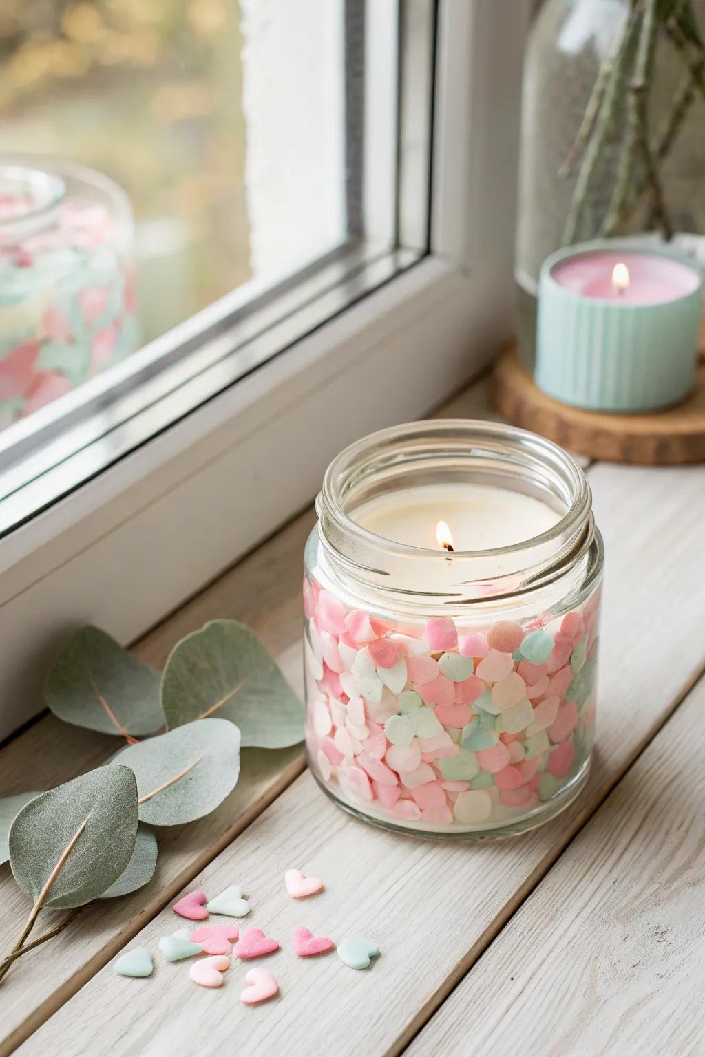 Celebrate in style with a confetti-adorned candle jar, perfect for adding a touch of festive fun to any minimalist setting.