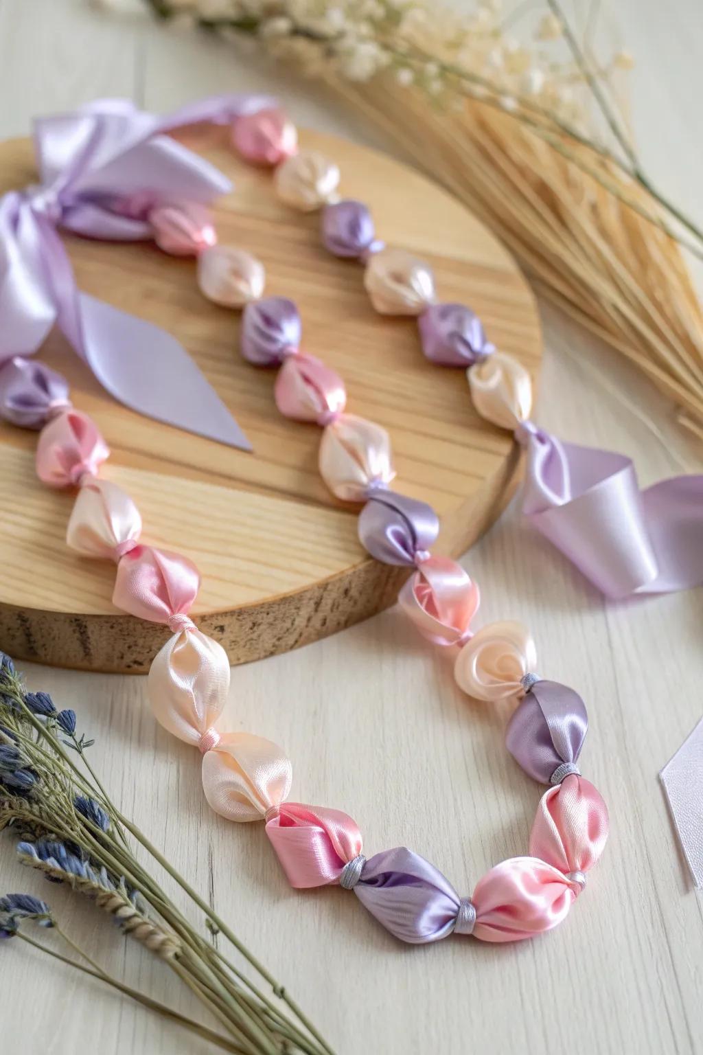 Elevate your candy lei game with luxurious satin ribbons for an elegant touch.