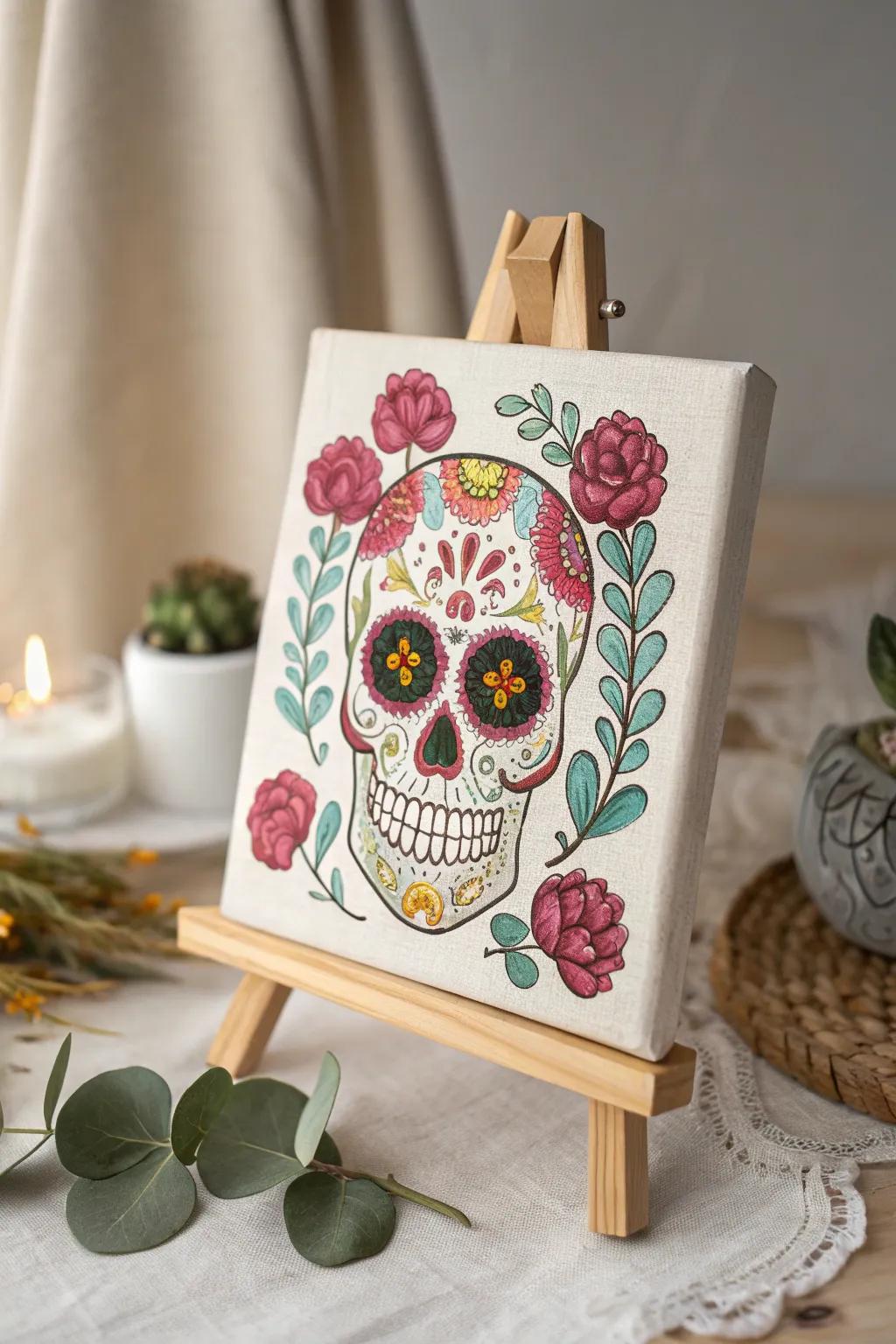 Celebrate tradition with vibrant hues and intricate designs: a Day of the Dead skull painting that brings life to any space.