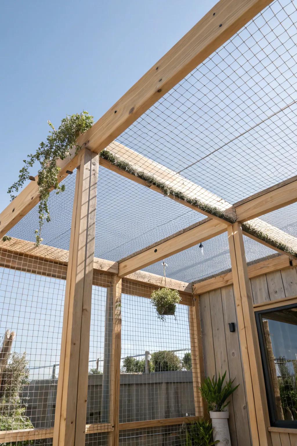 Elevate your catio with minimalist mesh screens for a chic and breezy outdoor oasis.