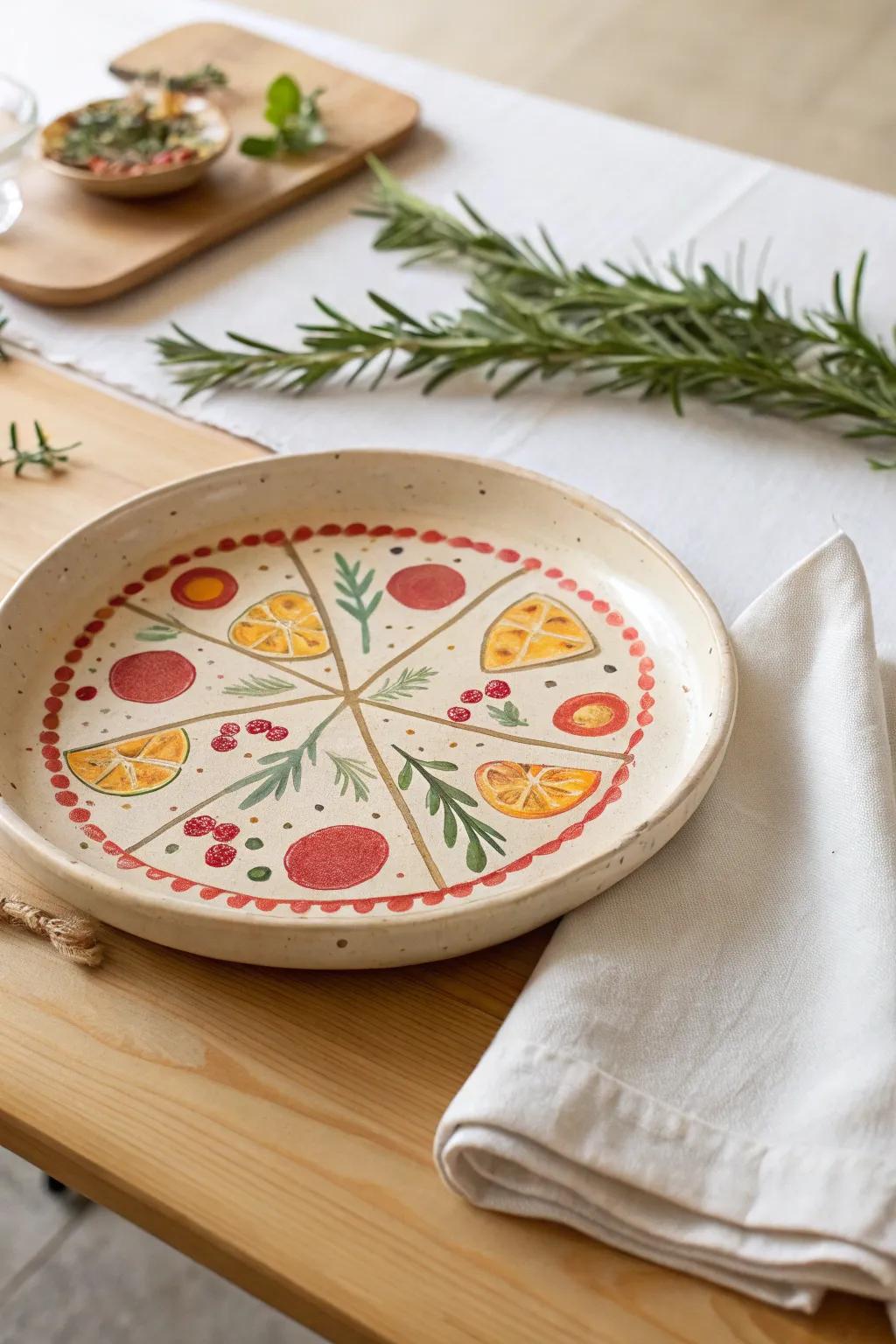 Elevate your movie nights with a touch of artistry. This pizza-themed ceramic platter combines simplicity with playful design, perfect for the modern foodie.