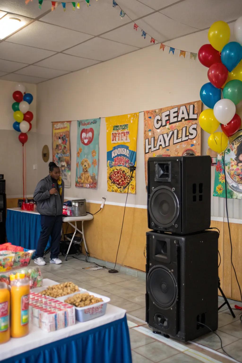 A speaker system set up in a party room with a cereal-themed playlist.