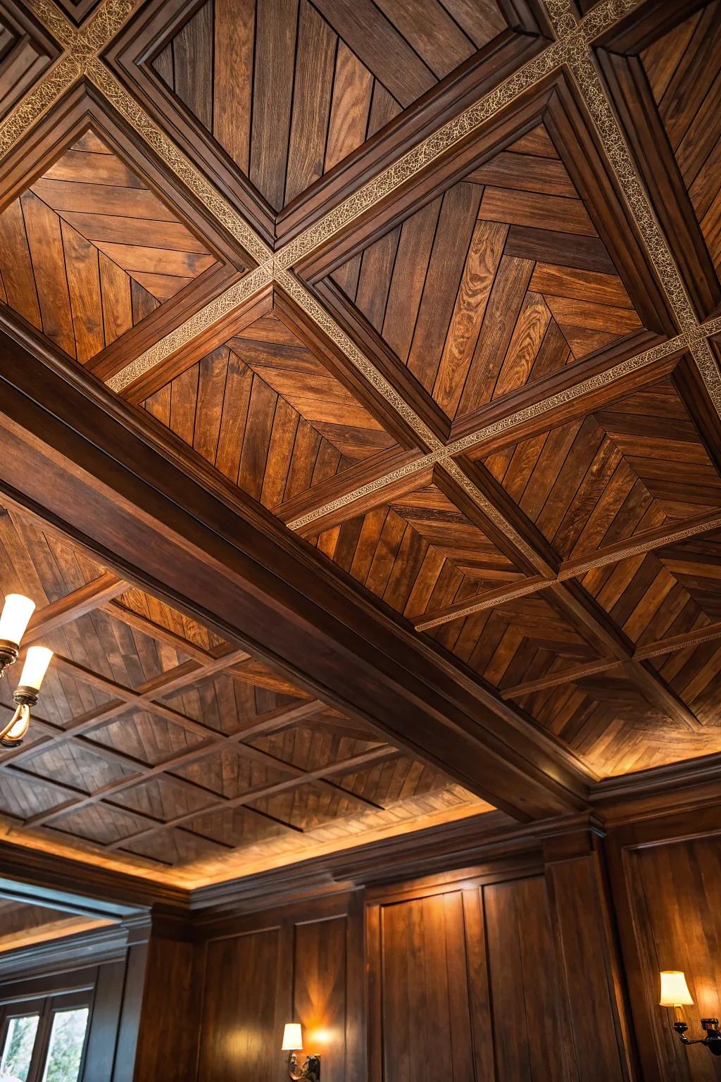 Elevate your basement's style with a striking herringbone ceiling pattern.